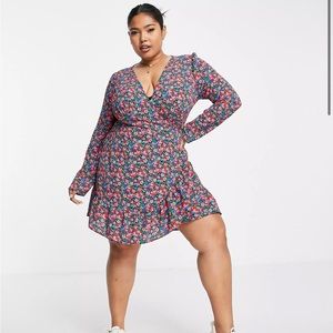 ASOS DESIGN Curve wrap front mini dress in black floral print Size 12